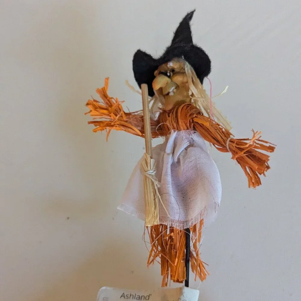 NWT Spooky Witch Orange Straw Halloween Floral Pick Hat Broom Ashland Decoration